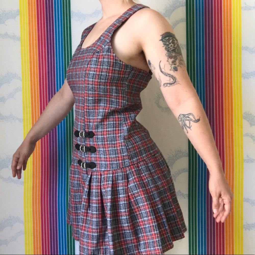 Y2K red black plaid pleated skater dress trendy - Picture 3 of 9